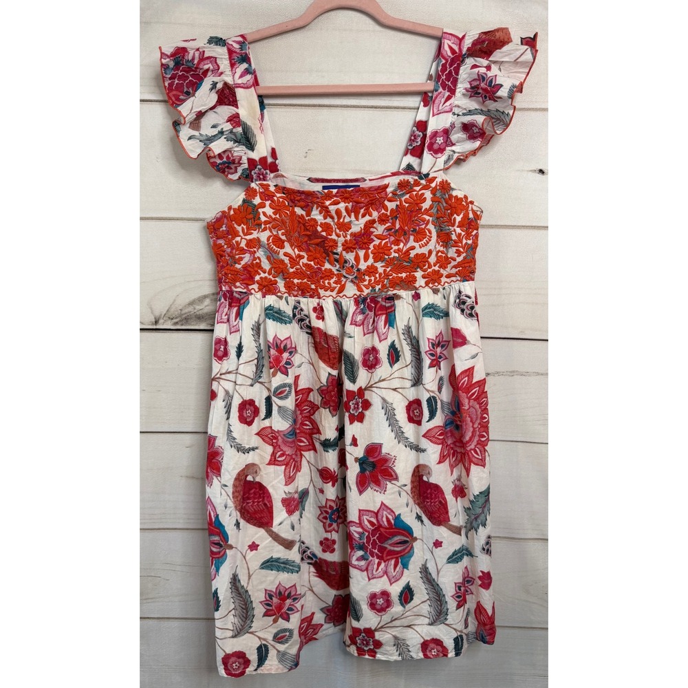 Ros Garden Womens White Floral Bird Embroidered Ruffle Cotton Dress Medium